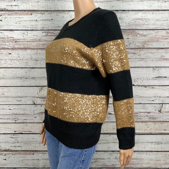 Isaac Mizrahi Elsie Wool Blend Sequin Stripe Sweater Medium Black Gold Mohair - Picture 7 of 8